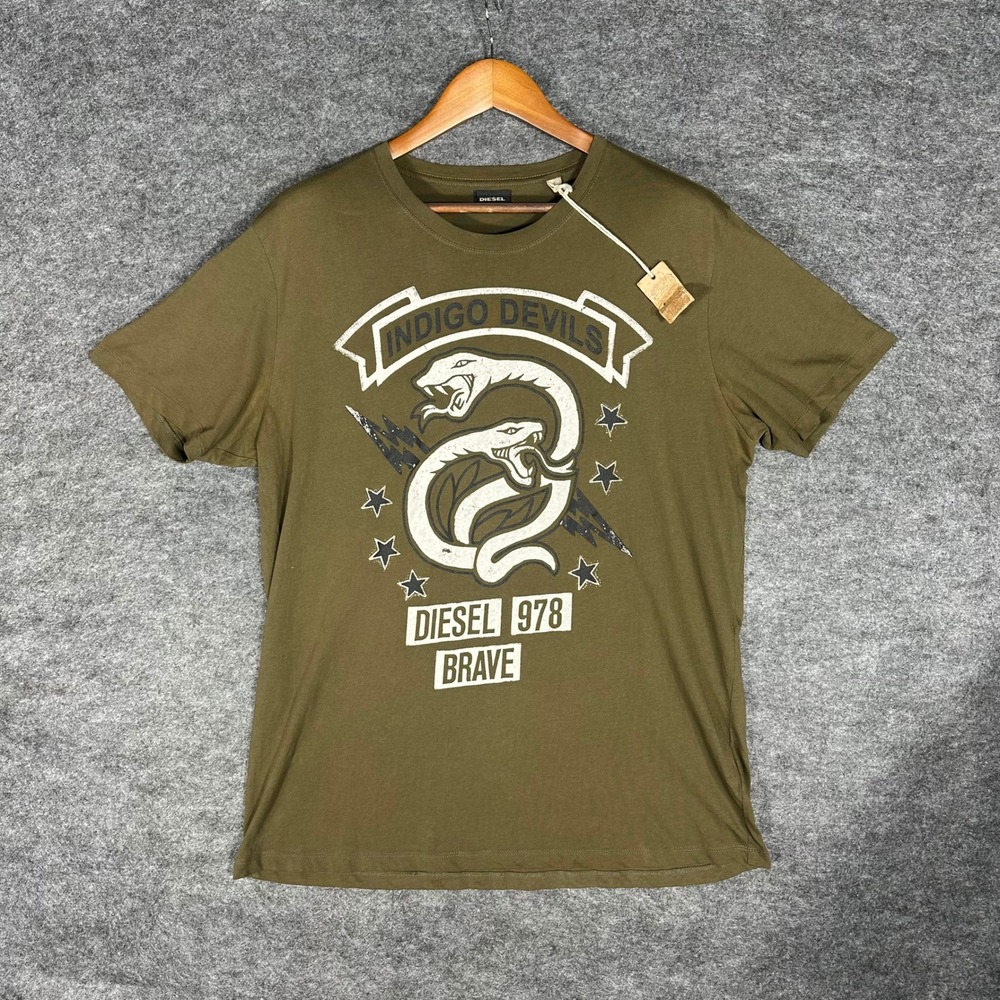 DIESEL 978‎ Brave Indigo Devils Snake Graphic T Shirt Olive Green Mens XL